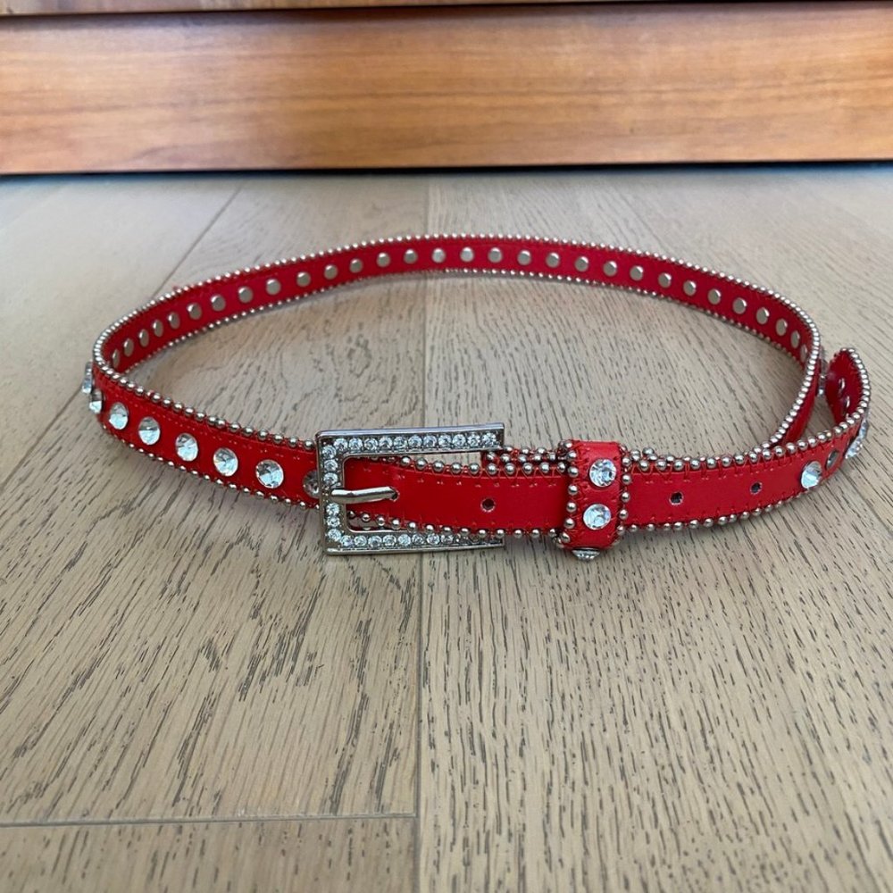 Jewel Embellished Red Faux Leather Skinny Belt S